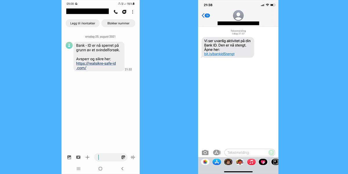 To bilder som viser falske sms-er fra bankID på iPhone og Android.